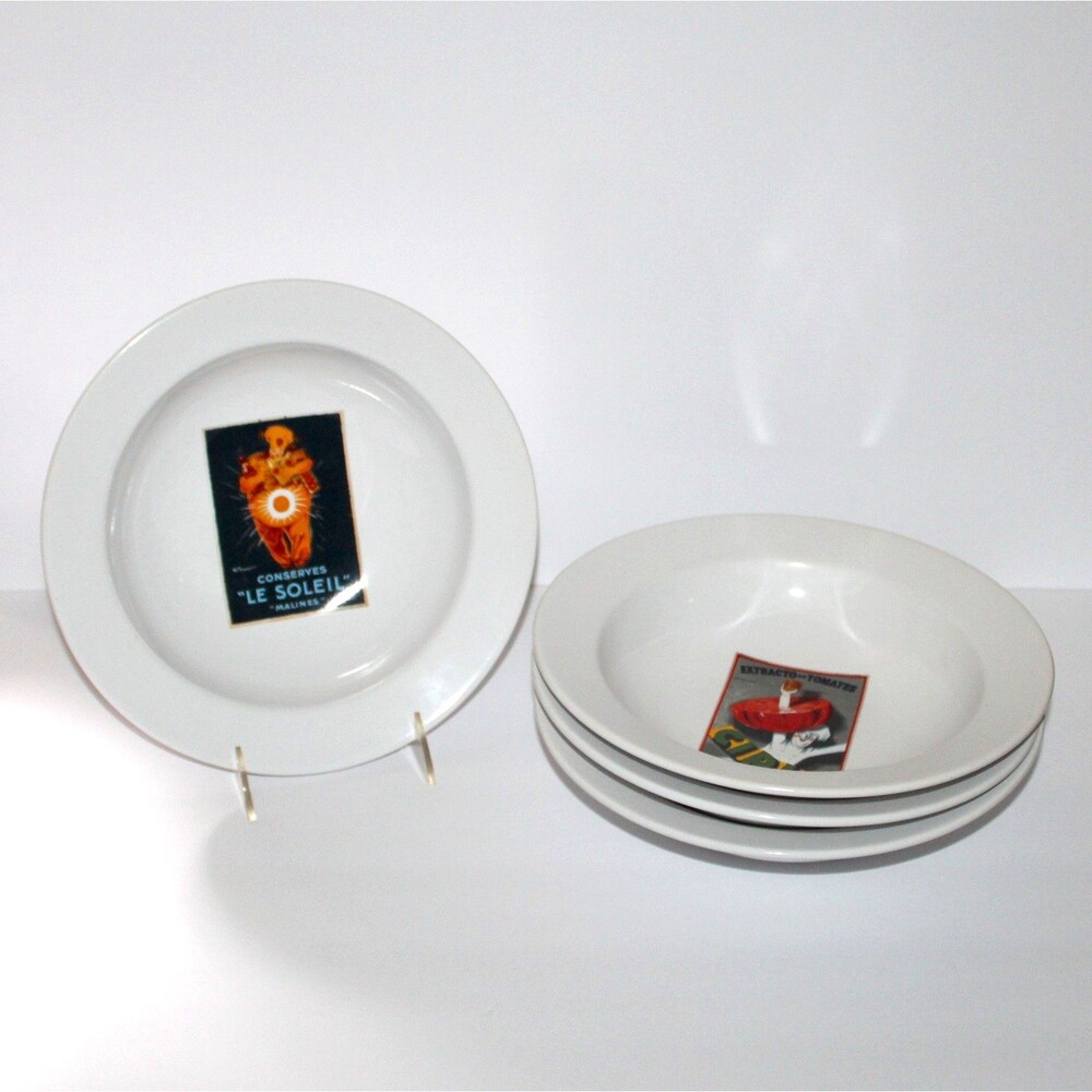 Pottery Barn Vintage Pasta Bowls set 4 white ceramic posters 10"